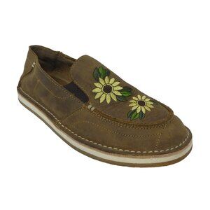 Rank-45 Brown Leather Embroidered Sunflower Slip On Flats Loafers Womens 8